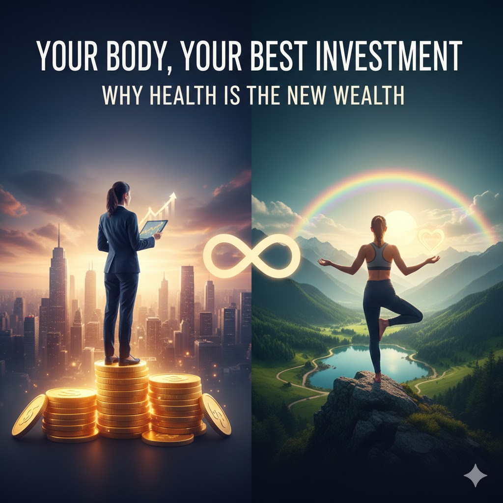 A split screen showing a professional woman on gold coins and a woman practicing yoga in nature with the title Your Body Your Best Investment.