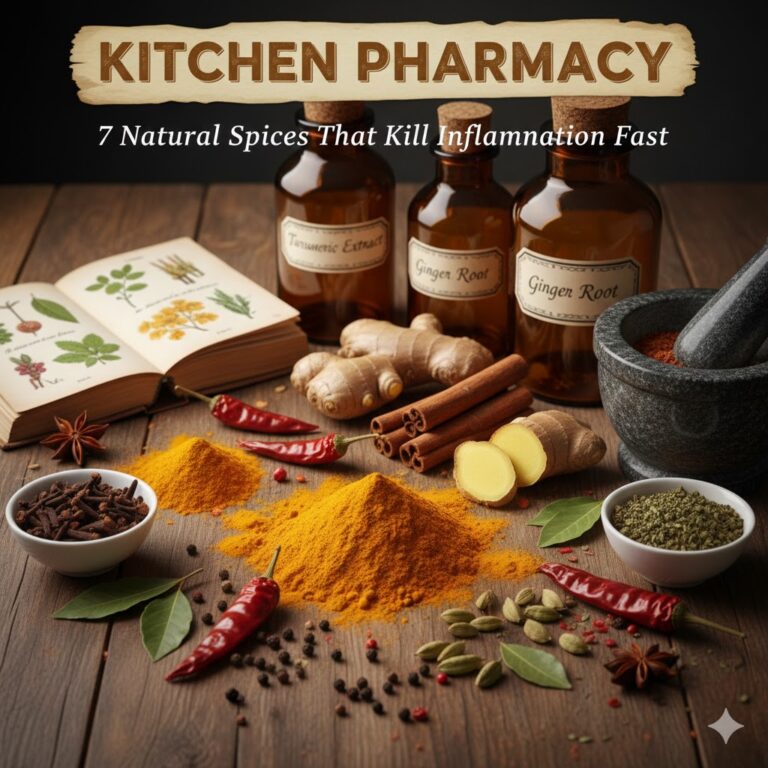 An aesthetic arrangement of various anti-inflammatory spices like turmeric, ginger, cinnamon, and cloves on a wooden table with vintage apothecary bottles and a mortar and pestle