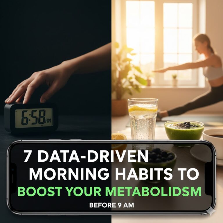 7 data-driven morning habits to boost metabolism infographic showing water, healthy breakfast, and morning exercise