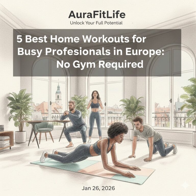 5 best home exercises for busy professionals in Europe illustration with AuraFitLife branding.