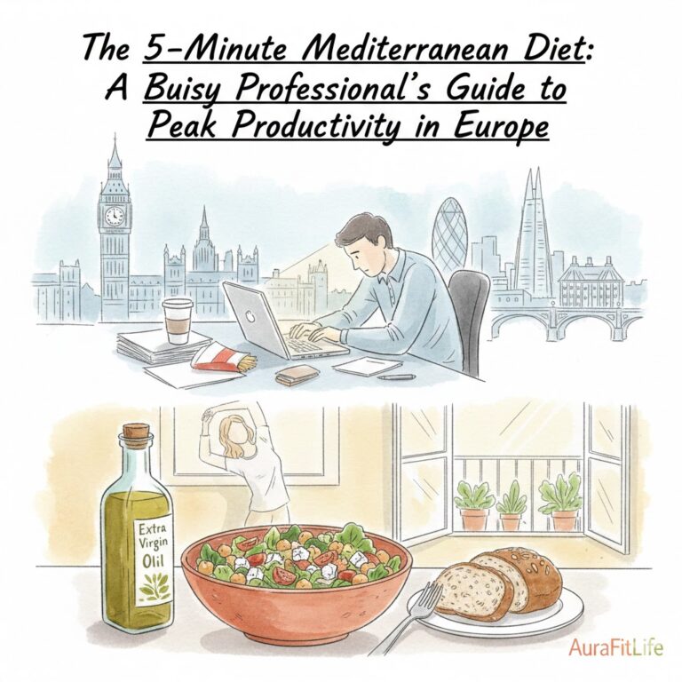 Mediterranean diet meal vs busy European office life hand-drawn illustration
