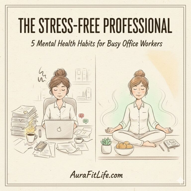 Hand-drawn split illustration showing a stressed office worker vs. a calm professional practicing mental health habits.