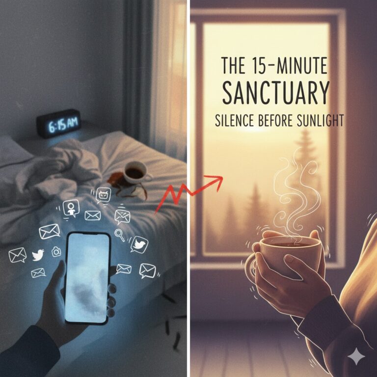 A split comparison image showing a stressful morning with a smartphone versus a peaceful morning sanctuary with a cup of coffee, featuring hand-drawn style doodles and text.