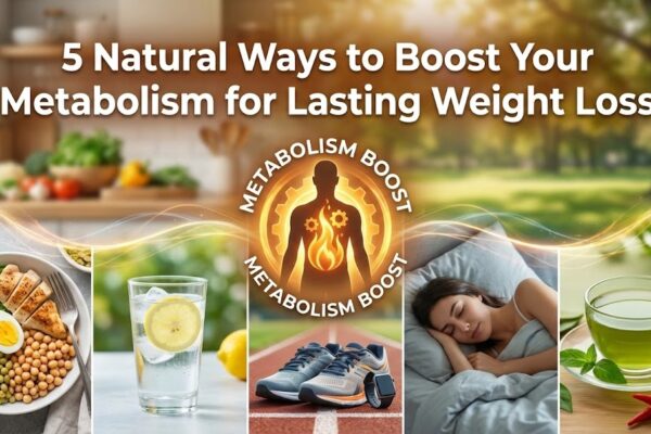 5 natural ways to boost metabolism naturally showing protein water exercise sleep and green tea