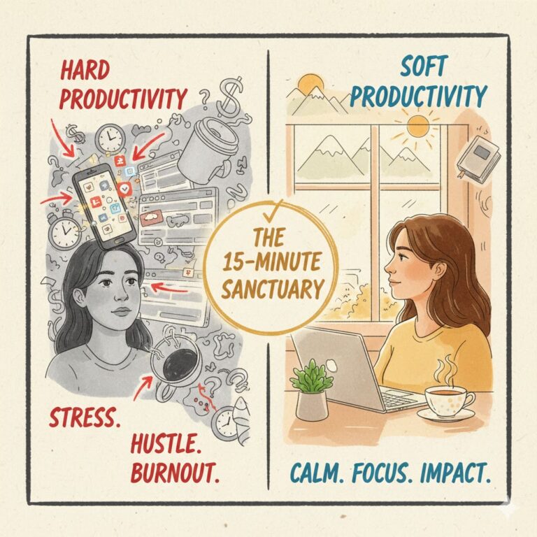 Comparison of Hard vs Soft Productivity: Stressful digital noise vs calm intentional focus