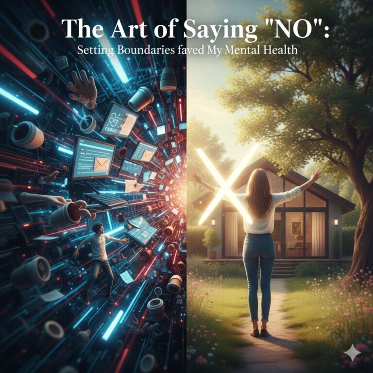 A person standing between digital chaos and a peaceful nature home, symbolizing mental boundaries.