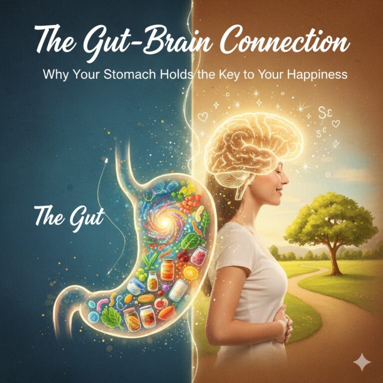 An artistic hand-drawn illustration showing the glowing connection between a healthy gut and a happy brain.