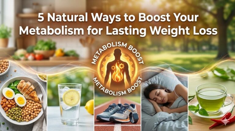 5 natural ways to boost metabolism naturally showing protein water exercise sleep and green tea