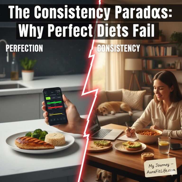 Comparison between strict dieting perfection and sustainable nutrition consistency by AuraFitLife