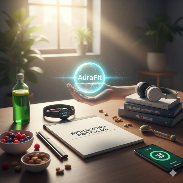 AuraFit Protocol Biohacking Guide with Holistic Fitness Elements and 16:8 Fasting Tracker