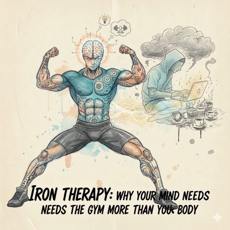 Hand-drawn sketch illustration showing a muscular man with a brain-gear system representing mental fitness and gym benefits.