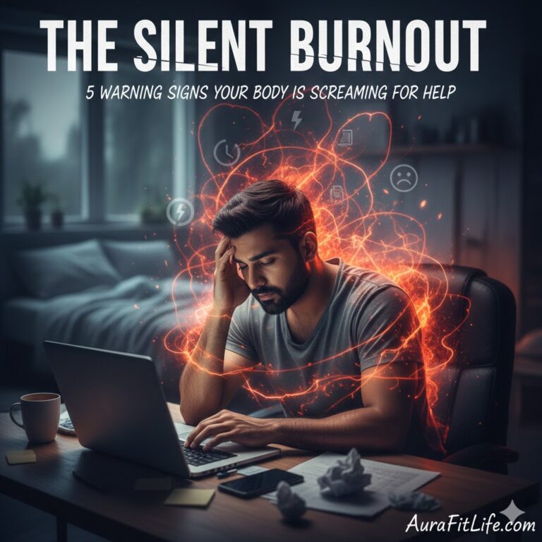 Stressed man working on laptop with glowing energy swirls representing mental burnout.