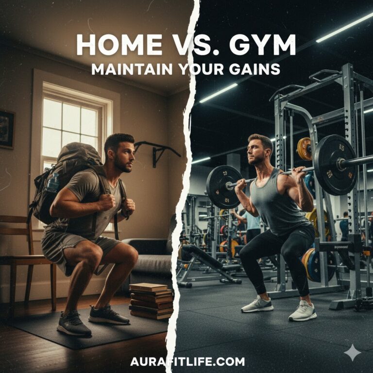 Comparison of a man doing squats with a weighted backpack at home and squats with a barbell in the gym for AuraFitLife blog.