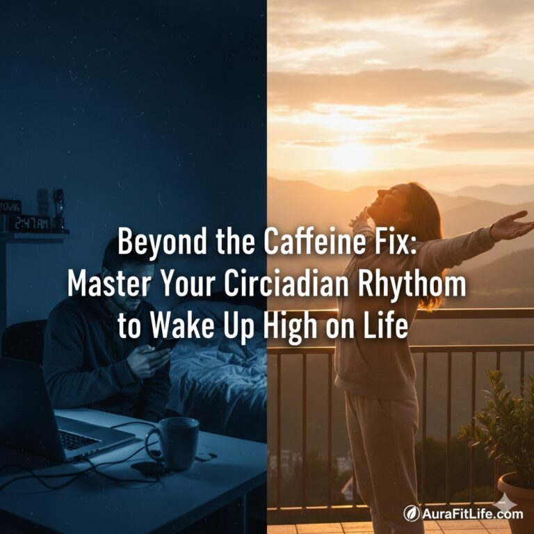 Comparison of a man using a phone in a dark room versus a woman waking up energized with morning sunlight for AuraFitLife blog.