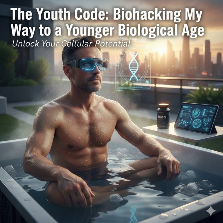 Man practicing AuraFit Protocol Biohacking in ice bath for younger biological age