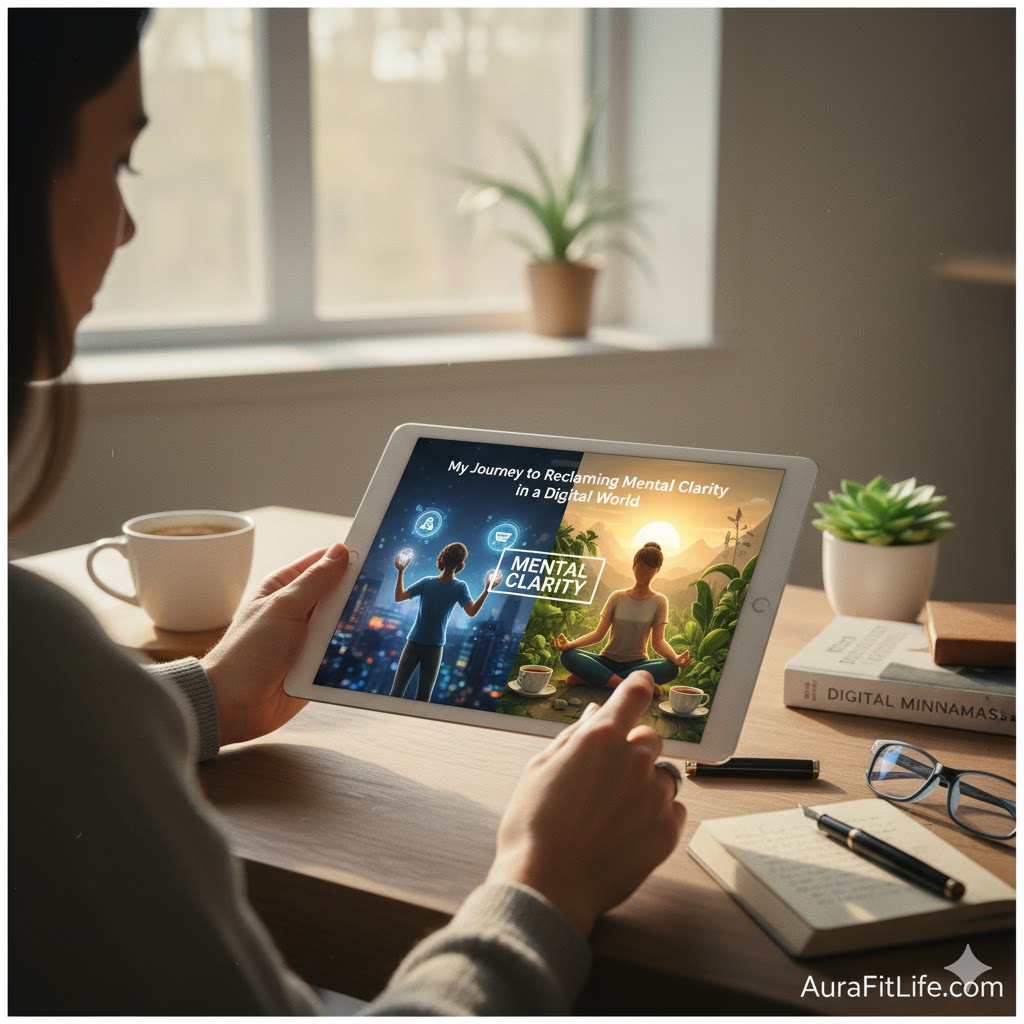 A professional woman sitting at a desk holding a tablet that displays the text My Journey to Reclaiming Mental Clarity in a Digital World with a split screen of a busy city and a peaceful nature scene.
